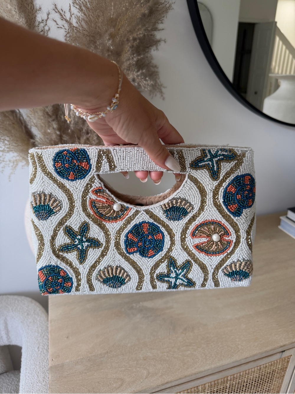 Beaded Seashell Embellished Wristlet Clutch — White with Teal & Coral Accents
